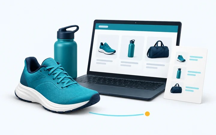 Zoneo illustration connecting sports products with a shop and a product feed